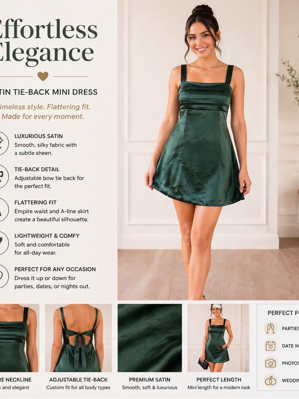 Satin Square-Neck Mini Dress in Emerald Green